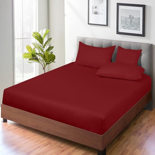 Image of ROYALE LINENS 300 Thread Count 100% Long Staple Combed Cotton Fitted Sheet Full - Super Soft Deep Pocket Bottom Sheet - Fitted Sheets Only - Elastic Sheets (Full, Red)