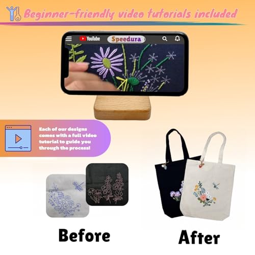 Image of Speedura Embroidery Kit for Beginners - Dual Canvas Tote Bags with Floral Cross Stitch Patterns | Complete Needlepoint Set Includes Hoops, Threads & Step-by-Step Video Tutorial (Beige & Black Set)