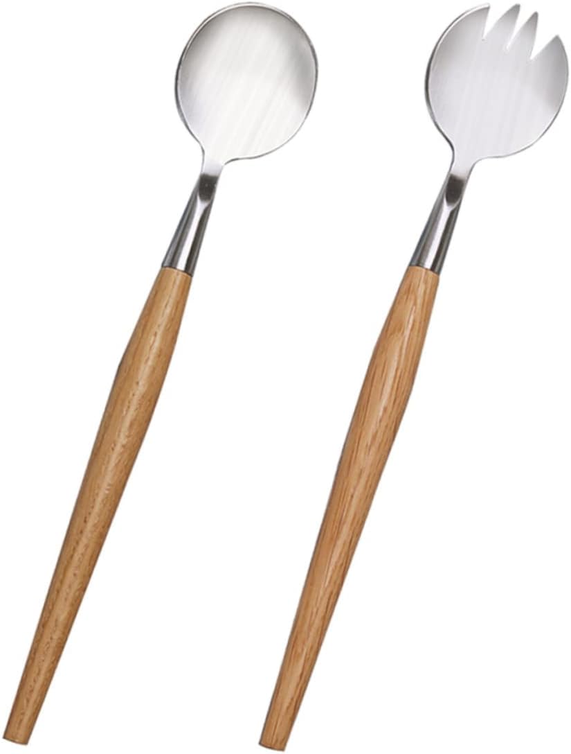 Stainless Steel Salad Server Set Wooden Handle 2 Piece Fork Spoon