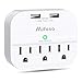 3-Outlet Surge Protector Power Strip, Multi Plug Outlet Extender with 2 USB Charging Ports 2.4 A, Portable Travel Wall Adapter - 490Joules White