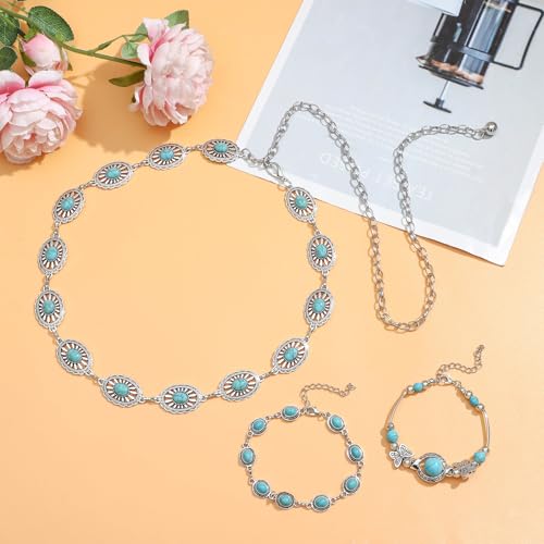 NEWITIN 20 Pieces Silver Bohemian Jewelry Set for Women Fashion Costume Jewels Turquoise Necklace Bracelet Ring Earrings Western Turquoise Jewelry Set for Women3