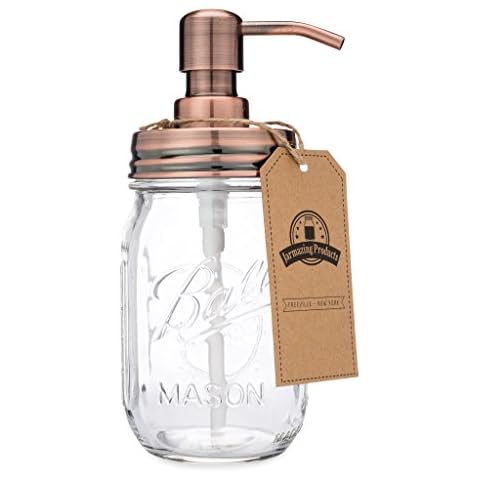 Jarmazing Products Mason Jar Soap Dispenser - Copper - with 16 Ounce Ball Mason Jar - Made from Rust Proof Stainless Steel Cover