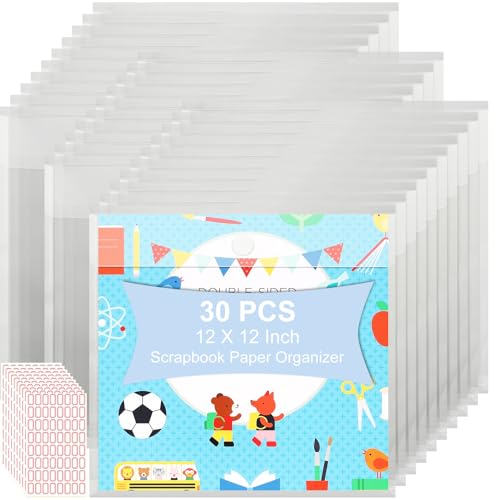 Image of YAYODS 30 Pack 12 x 12 Scrapbook Paper Storage Organizer with Labels, Clear Craft Paper Storage Organizer for Holding 12 x 12 Inch Scrapbook, Cardstock, Vinyl Files Photos
