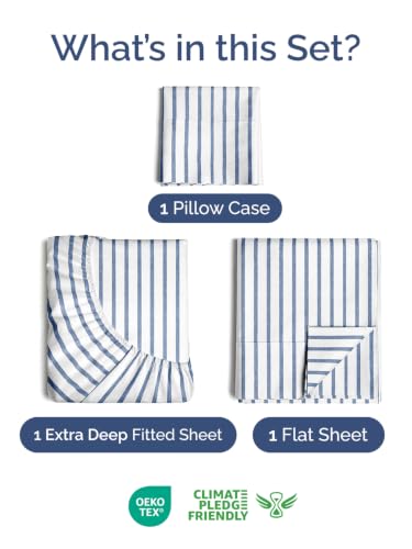 Image of Extra Deep Pocket Twin Size Sheet Set - Breathable & Cooling - Blue Stripes