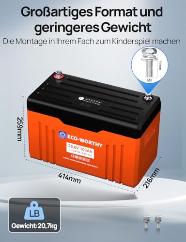 ECO-WORTHY 24V 100Ah LiFePO4 Bluetooth mit Display V2.0, 2560Wh Lithium batterie mit BMS Low Temperature Schutz für Boot,Wohnwagen,Wohnmobil