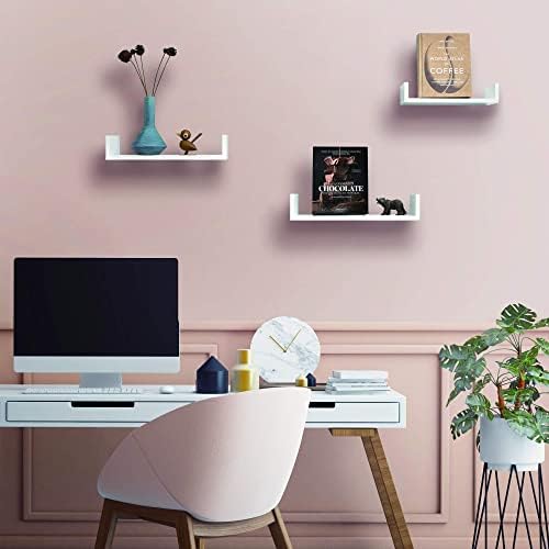 Ezigoo Floating Wall Shelves  Pack of 3  White  Shelves for Walls in Bedroom, Living Room, Home Office or Kitchen  Floating Storage of Books, Movies or CDs  Decorative Modern Wall Shelves