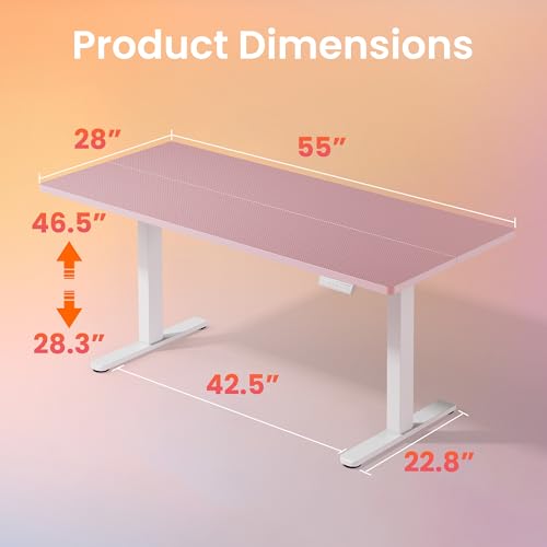 Image of HUANUO 55x28 Inch Electric Standing Desk, Height Adjustable, Pink