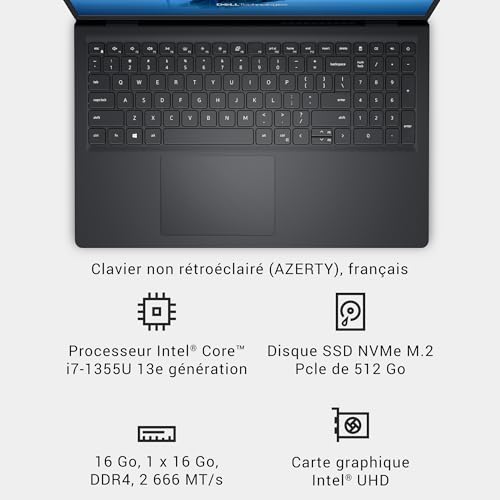 Dell 15 Ordinateur Portable DC15250 – 15 6" FHD 120Hz Intel Core i7 Graphiques Intel UHD RAM SSD Webcam HD Windows 11 Home Clavier AZERTY - vue 10