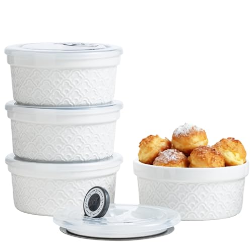 MISSYSSIM Ramekins 12 oz with Lids Oven Safe, Creme Brulee Ramekins with Covers, Ceramic Small Baking Dishes Set of 4, Souffle Dishes Bowls - Microwave and Dishwasher Safe, White Cloud