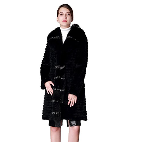 Fur Story Women's Long Real Rabbit Fur Coat with Fox Fur Placket Coat