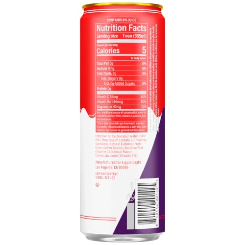 Image of Liquid Death Sparkling Energy - Blood Zero (Raspberry Cream), Zero Sugar Energy Drink, Unextreme Caffeine 100mg, Essential Vitamins, 12 Fl Oz (Pack of 12)