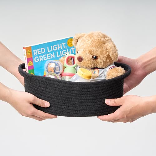 Image of 2-Pack Small Woven Gift Baskets Empty with Bags & Ribbons - Gifts for Father's Day, Baby Shower, Birthdays & Raffle - Cotton Rope Storage Basket for Dog Toys or Shelf - 12 inchx8 inchx5 inch, All Black