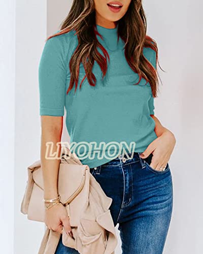 Liyohon Womens Tops Dressy Casual Summer Cute Tops Mock Turtleneck Business White T Shirts Turquoise-M #TOP4
