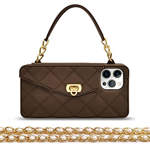 Omio for iPhone 15 Pro Max Wallet Case with Card Holder Luxury Chain Case with Long Pearl Shoulder Crossbody Lanyard Wrist Strap Soft Silicone Handbag Cover for iPhone 14 Pro Max Women Brown