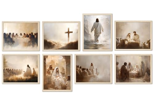 WARTHZ Christian Jesus Poster Set of 8 Vintage Last Supper Wall Art Religion Nativity Wall Decor Painting Jesus Walking On Water Canvas Prints for Living Prayer Room Bedroom, 8x10 in Unframed