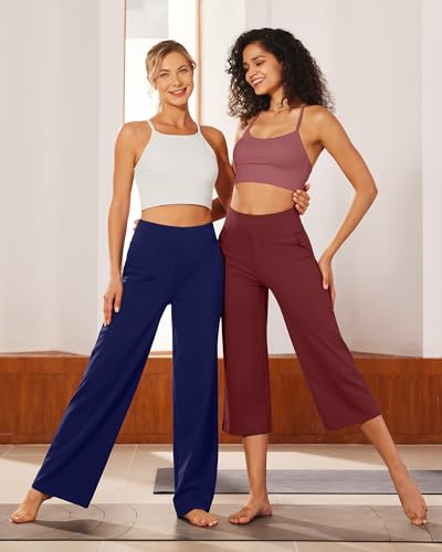 Image of G4Free Capri Pants for Women Wide Leg Yoga Dress Cropped Pants Capri Leggings with Pockets for Casual Summer