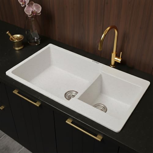 Image of EVANEX Quartz Kitchen Sink|Double Bowl Sink for Kitchen|Topmount /Undermount Kitchen Sinks|Sand-Pluto Double Sink with Connector, Waste Pipe, Coupling and Drain Basket|34x20x9 Granite Kitchen Sinks