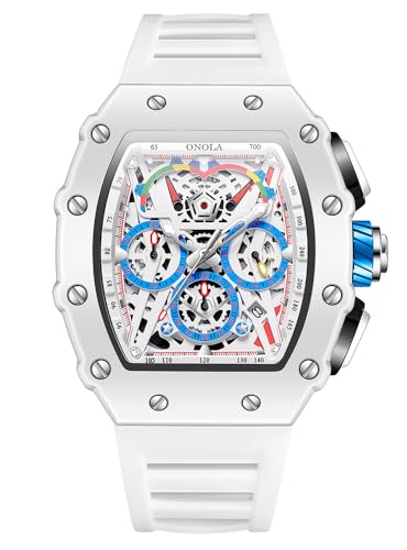FANMIS Fashion Hollowed Men Watches Tonneau Skeleton Dial Big Face Waterproof Chronograph Fashion Casual Watch with Silicone Strap Multifunctional Outdoor Sports Wristwatch (White)
