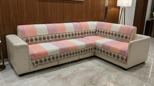 Image of Velvet L Shape 3+2 (5 Seater) Sofa Cover Fully Covered | Anti Skid Non Slip | Printed Pink | Washable Furniture Protector