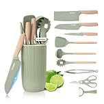 Cooking Utensils Set, 10-Pieces Kitchen Utensils and Knife Set with Block, Silicone Cooking Utensils Set, Sharp Stainless Steel Chef Knife Set, Home Kitchenware Cookware with Holder (Green)