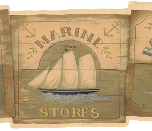 Dundee Deco BD6242 Frise de Papier Peint, Frise Murale, Bordure de papier peint précollé Beige nautique, marron, vert avec panneaux maritimes Design rétro 4,57 m x 17,78 cm Cover
