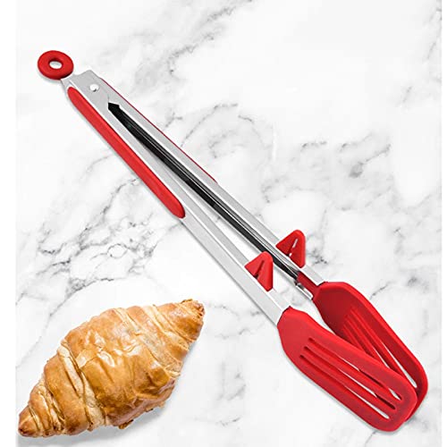 Pinzas Cocina Tong de Acero Inoxidable, con Silicona, for abastecimiento de Ensalada de Abertura Buffet, (Rojo) Tamaño: 32.2 * 6 cm, con asa Antideslizante