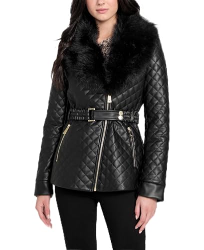 Image of Guess Womens Oprah Fur Collar Diamond Faux Leather Jacket, Jet Black, Medium