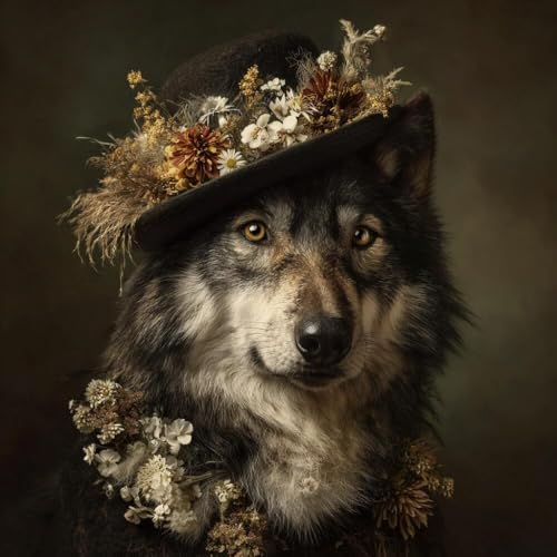 Tableaux décoratifs en perles 3D loup au chapeau pour ouvrage fait main