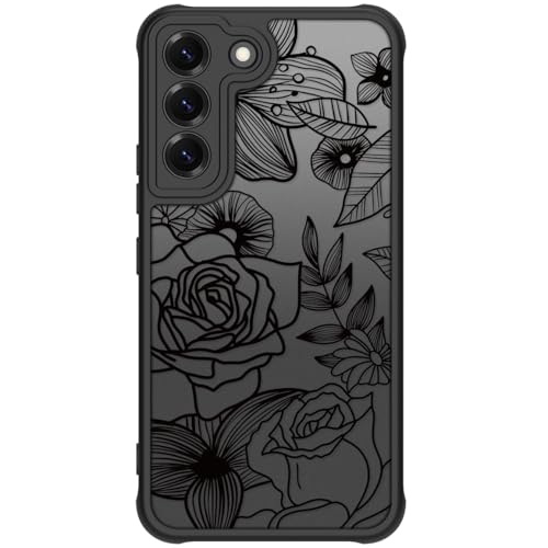 Dumkery Girly Flower Phone Case Compatible with Samsung Galaxy S22+, Cute Aesthetic Black Line Art Floral Rose Pattern Print S22 Plus Cases, Hard PC Shockproof Cover for Girls Women