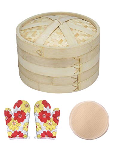 Steamer for Cooking, Natural Bamboo Steamer 2 Tires Basket with Lid, Handmade Bamboo Steamer Basket, Food Steamer Includes 10 Reusable Cotton Steamer Liners And 1 Pair Anti-scalding Gloves