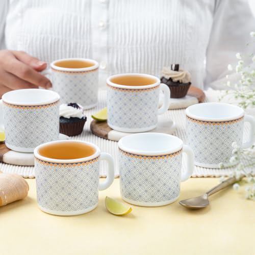 Image of Larah by BOROSIL 100ml x 6pc Opalware Kosmia Tea /Coffee Mug Set, Microwave & Dishwasher Safe Embossed Design Crockery Set Ideal for Daily Use & Gifting