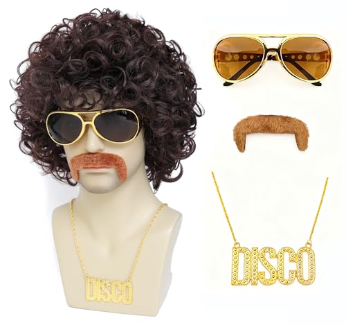 Image of Mens Short Afro Wig,70s Outfits for Men,70s Wigs for Men,Pelucas Para Hombres,80s Disco Costumes wig (Medium Brown)