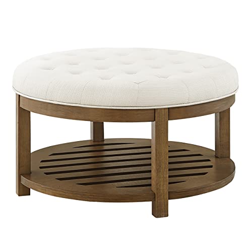 24Kf Large Round Upholstered Tufted Linen Ottoman Coffee Table, Large Footrest Ottoman With Wood Shelf Storage-Ivory #TOP2