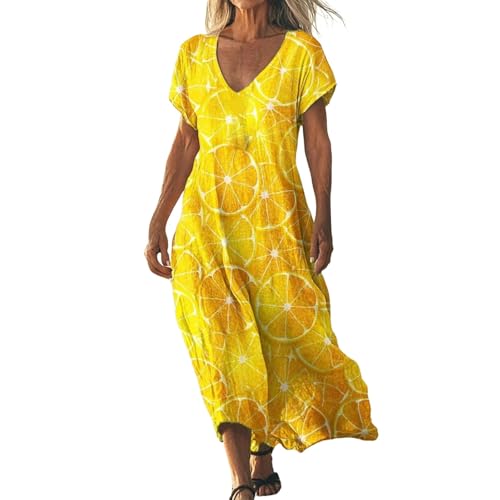 Sommerkleid Damen Lang Boho Strandkleid Elegant Maxikleid V-Ausschnitt Kurzarm Sommer Tunika Kleid Leicht Luftig,05 Gelb,3XL