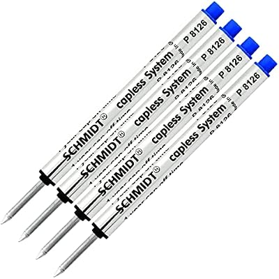 4 Pack - Schmidt P8126 Short Version at 3.88 Capless Rollerball Refill - Blue
