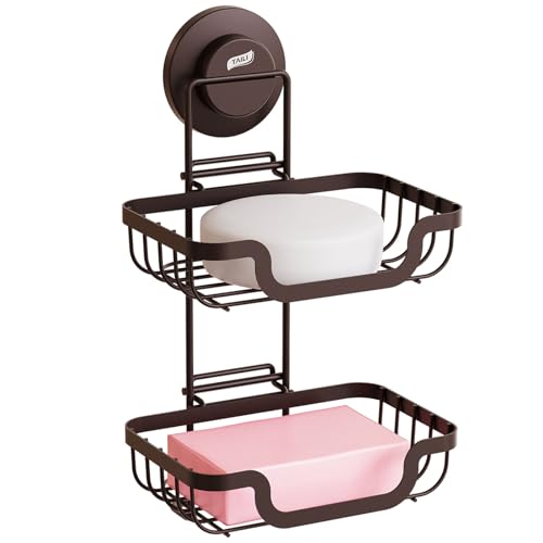 Image of TAILI Soap Holder, Soap Dish Suction Cup with Hooks,Stainless Steel,2 Layer | Soap Dish for Shower, Bathroom Bar soap holder Shower Wall, Stainless Steel Sponge Holder for Tub Kitchen, Brown