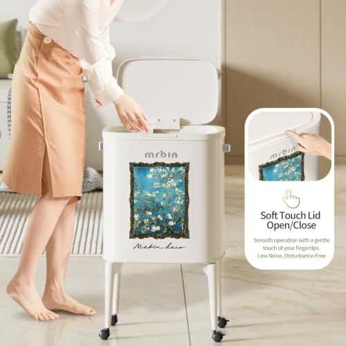Image of MRBIN Metal Kitchen Trash Can with Wheel Legs, 36L / 9.5gal Medium Press Lid Slim Removable Waste Basket, Pet Proof Tall Narrow Garbage Pail for Vanity, Bedroom, Bathroom, Living Room, Almond Blossom