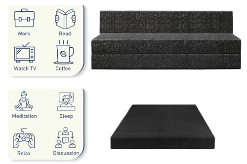 Image of Foldable 6x6-Feet 4 Seater Sofa Cum Bed, Sofa Bed, Jute Fabric- Washable Cover- Including 4 Cushion Perfect for Home-Black