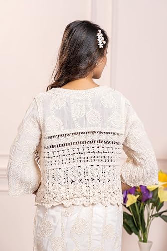 Image of CHEVAUX Womens Embroidered Crochet Co-ord Set Self Design Straight Skirt with Shrug Jacket Ethnic Western Outfit for Women and Girls Casual Partee-Wear Summer Dress Set