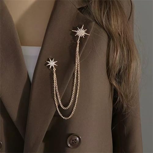 Image of 2PCS Crystal Hanging Chain Brooch Suit Pin for Men Women Vintage Crown Cross Star Diamond Broochs Gold and Silver Wedding Brooch for Clothes Dress Hats Bags Accessory