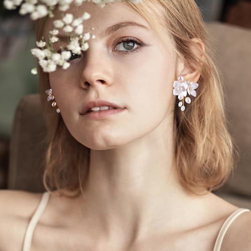 Handcraft White Ceramic Flower Pearl Stud Drop Earrings - Elegant Wedding and Prom Accessories - Post Earrings Jewelry for Brides and Women - Perfect for Special Occasions2