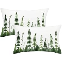 Set of 2 Watercolor Fern Leaves Throw Pillow Covers, 12x20 Inch Double-Sided Print Green Botanical Lumbar Pillowcases, White Linen Farmhouse Cushion Cover for Sofa Couch