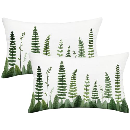 Qinqingo Set of 2 Watercolor Fern Leaves Throw Pillow Covers, 12x20 Inch Double-Sided Print Green Botanical Lumbar Pillowcases, White Linen Farmhouse Cushion Cover for Sofa Couch