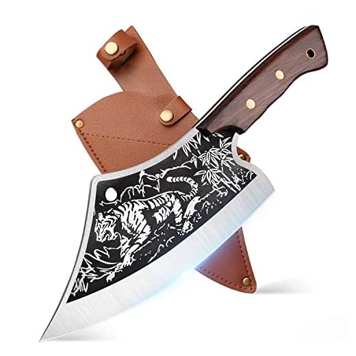 DRGSKL Meat Cleaver Knife Carved with Tiger Pattern Full Tang Handle Knife Heavy Duty Cleaver Hand Forged High Carbon Steel Outdoor Butcher Knife Bone Chopper Cleaver with Belt Sheath and Gift Box