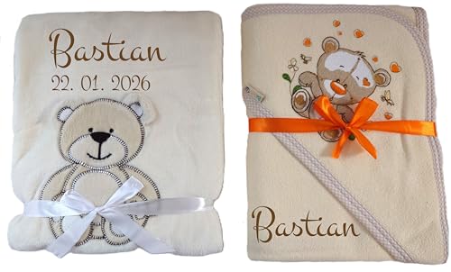 Wuff-Dogsworld Bestickte Kuscheldecke für Babys + Kapuzentuch 100x100 cm mit Namen personalisiert, Geschenkset zur Baby Erstausstattung für Neugeborene neutral für Mädchen und Jungen (beige Bär)