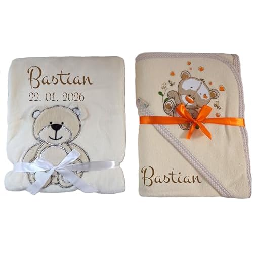 Babydecke mit Namen bestickt Babysocken Babyrassel Greifling Baby Geschenk Geburt Taufe (beige Bär)
