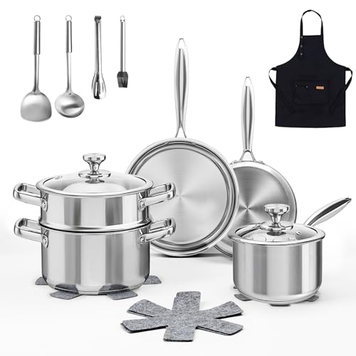 AuFranc® 16-Teilig Edelstahl Topfset mit Dampfgarer, Glasdeckeln, Schürze, Topfschutzmatten und Kochspatelset usw... Kochtopfset für Alle Kochfelder, Spülmaschinenfest, Ungiftig Töpfe und Pfannen Set