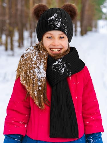 Image of JaGely 2 Sets Kids Winter Hat Gloves Scarf Set Girls and Boys Knit Hat with Pom Warm Scarf Snow Gloves for 3-10 Years Toddler