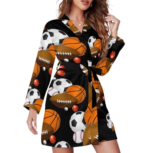 Sport Balls Fashion Mini Womens Robe with Belt Soft Nightgown Long Sleeve Bathrobe Loungewear S