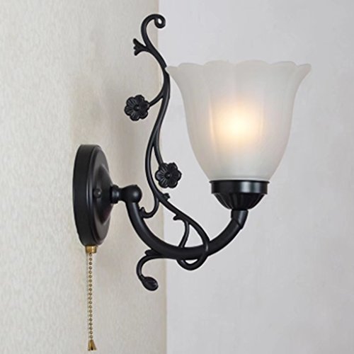 Wall Lamp with Pull Chain Switch E27 Simple LED Living Room Staircase Balcony Wall Sconces Bedroom Bed Lamp Glass Lampshade